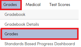 Grades 
Medical 
Test Scores 
Gradebook 
Gradebook Details 
Grades 
Standards Based Progress Dashboard 